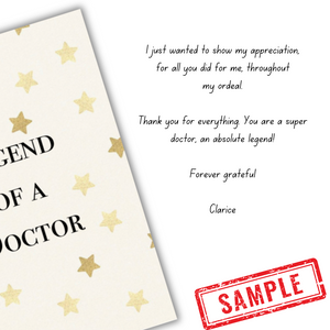 Sample message inside of Thank you card for a doctor