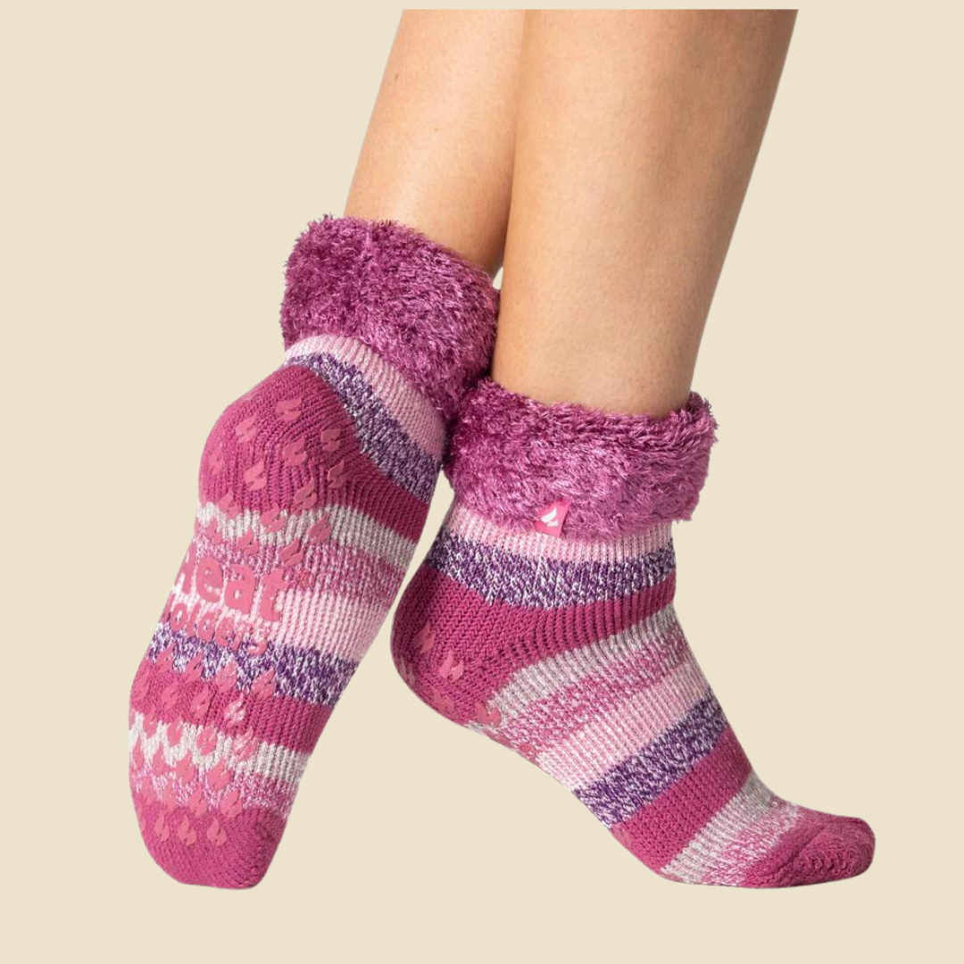 Pair of thermal pink and purple slipper sock. Non slip socks