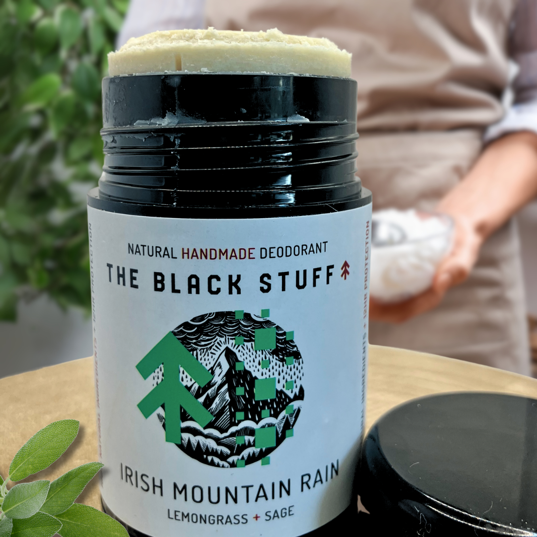 The Black Stuff Irish Mountain Rain Natural deodorant with the lid off