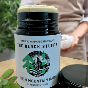 The Black Stuff Irish Mountain Rain Natural deodorant with the lid off