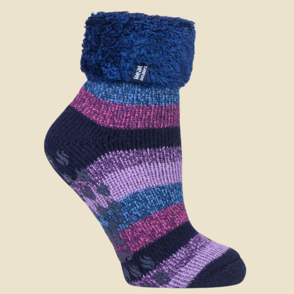 Womens thermal slipper sock in navy and purple