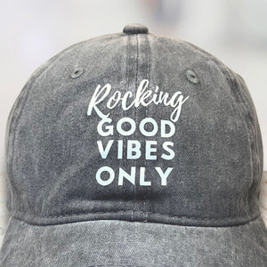 Close up of Rocking Good Vibes Only chemo baseball hat