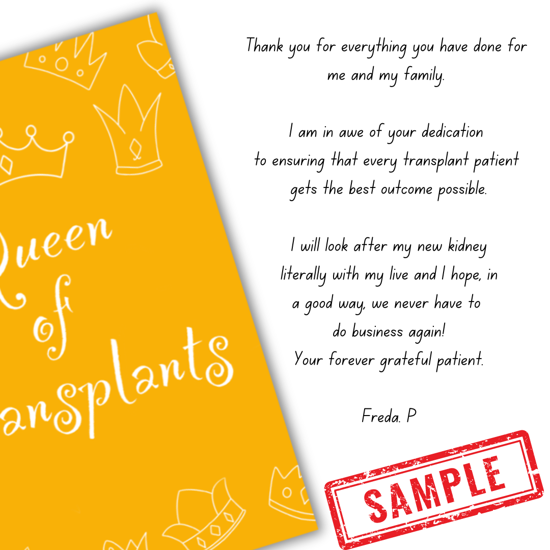 Sample message in Queen of Transplant Card