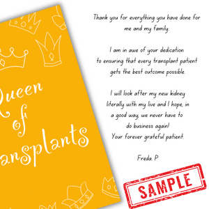 Sample message in Queen of Transplant Card