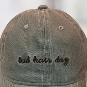 Close up of bad hair day baseball hat