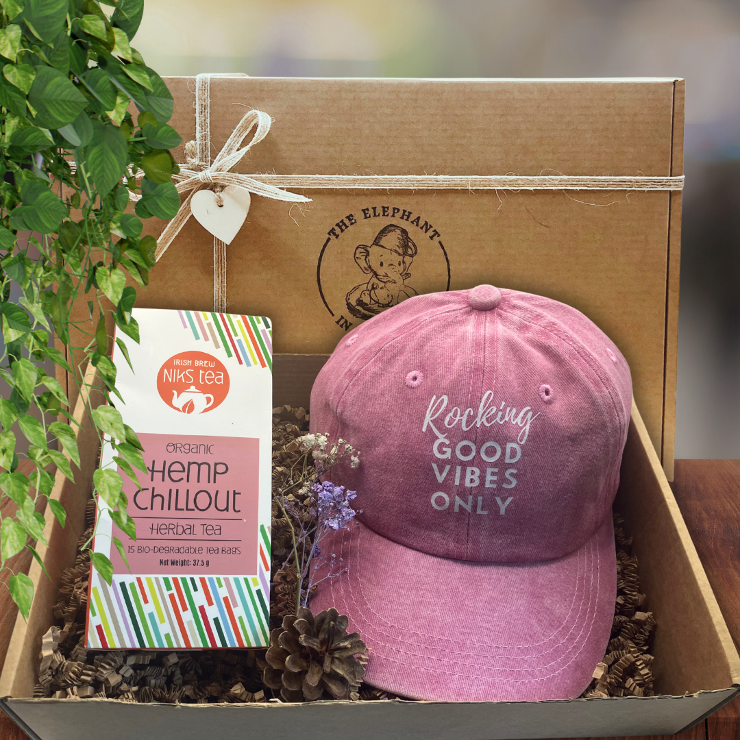 Pink Baseball cap for chemo patients in gift box with Hemp Chillout Tea