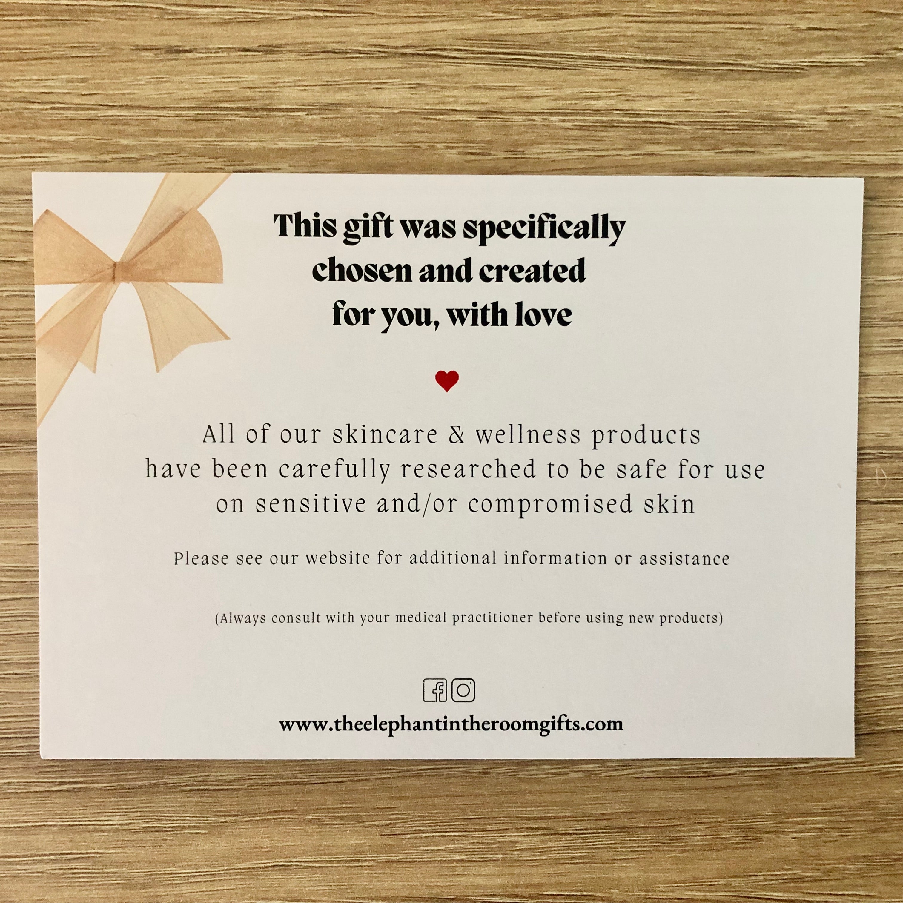 Leaflet with care package explaining that all gifts are suitable for sensitive skin