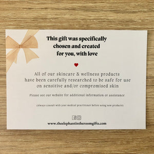 Leaflet for gift box stating that all products are safe for using on sensitive skin