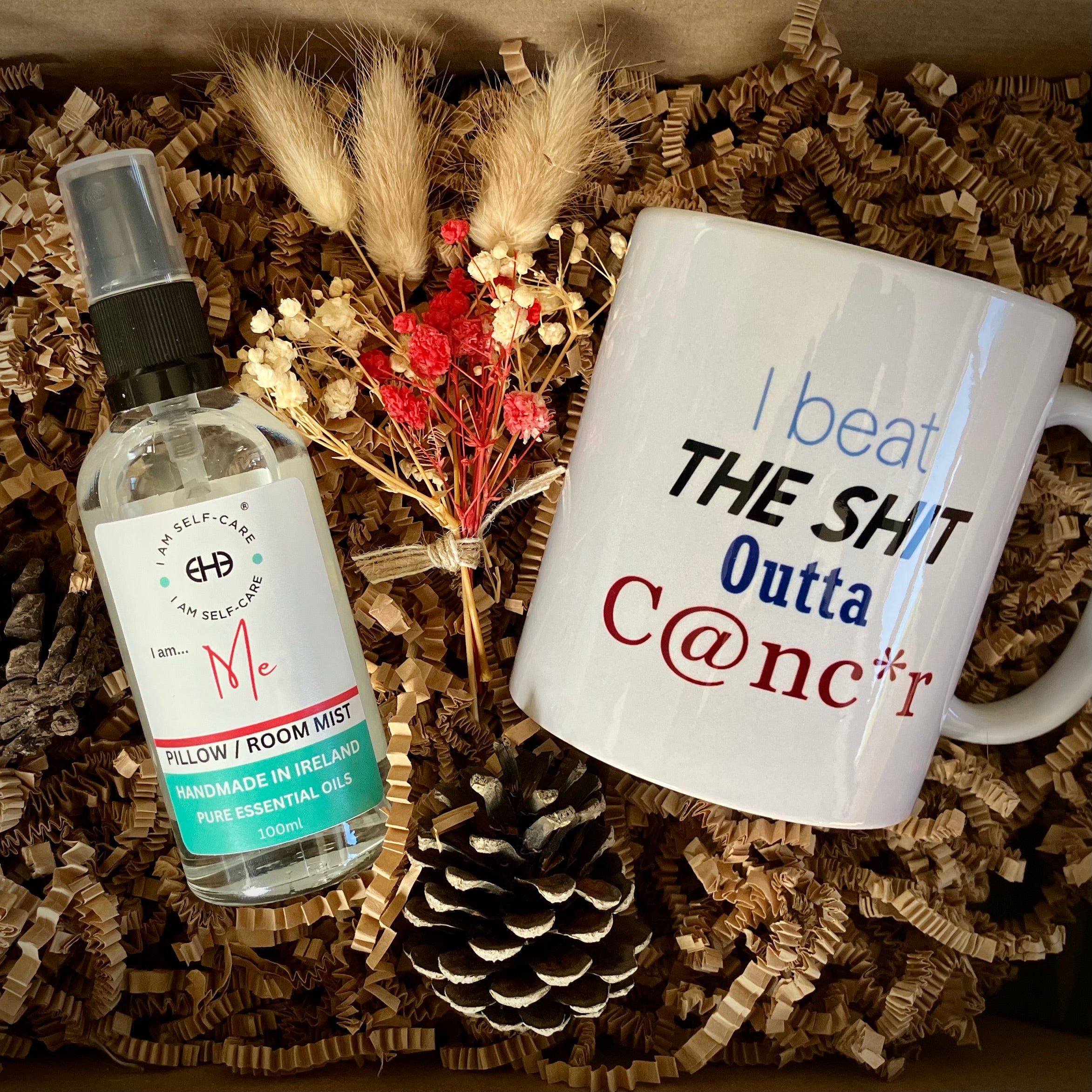 Gift set for cancer survivor with funny cancer mug and aromatherapy room mist