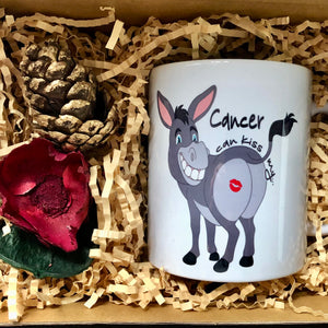 Gift box with Cancer Mug with photo of a donkey saying 'cancer can kiss my...' 