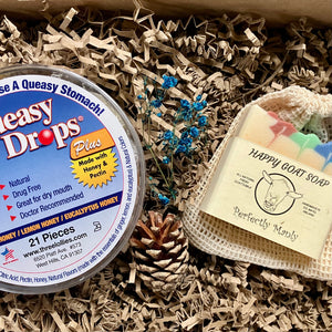 Care package for a man with Queasy Drops and Goats Milk Soap