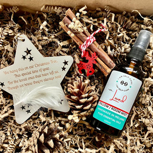 Gift set for someone grieving including a Christmas Tree star and pillow mist