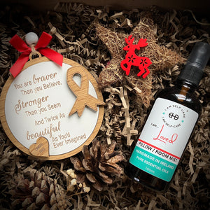 Cancer Survivor christmas decoration and pillow spray in a gift box