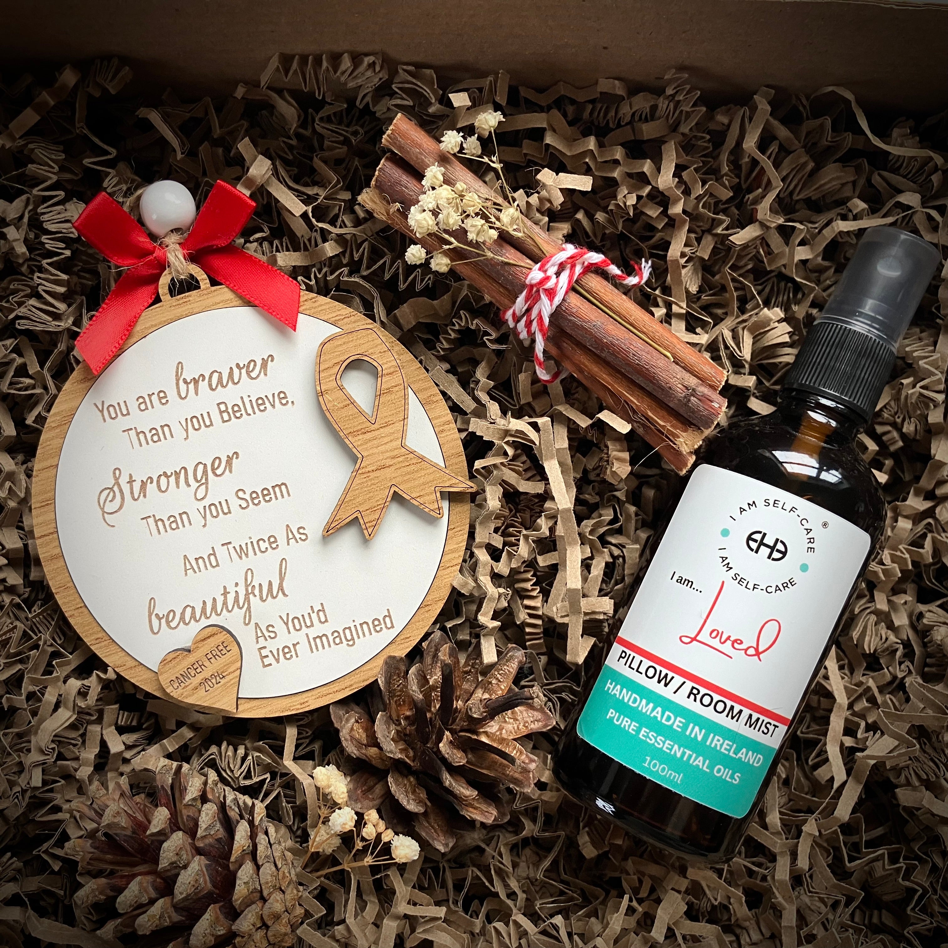 Cancer survivor christmas gift box with ornament and pillow spray