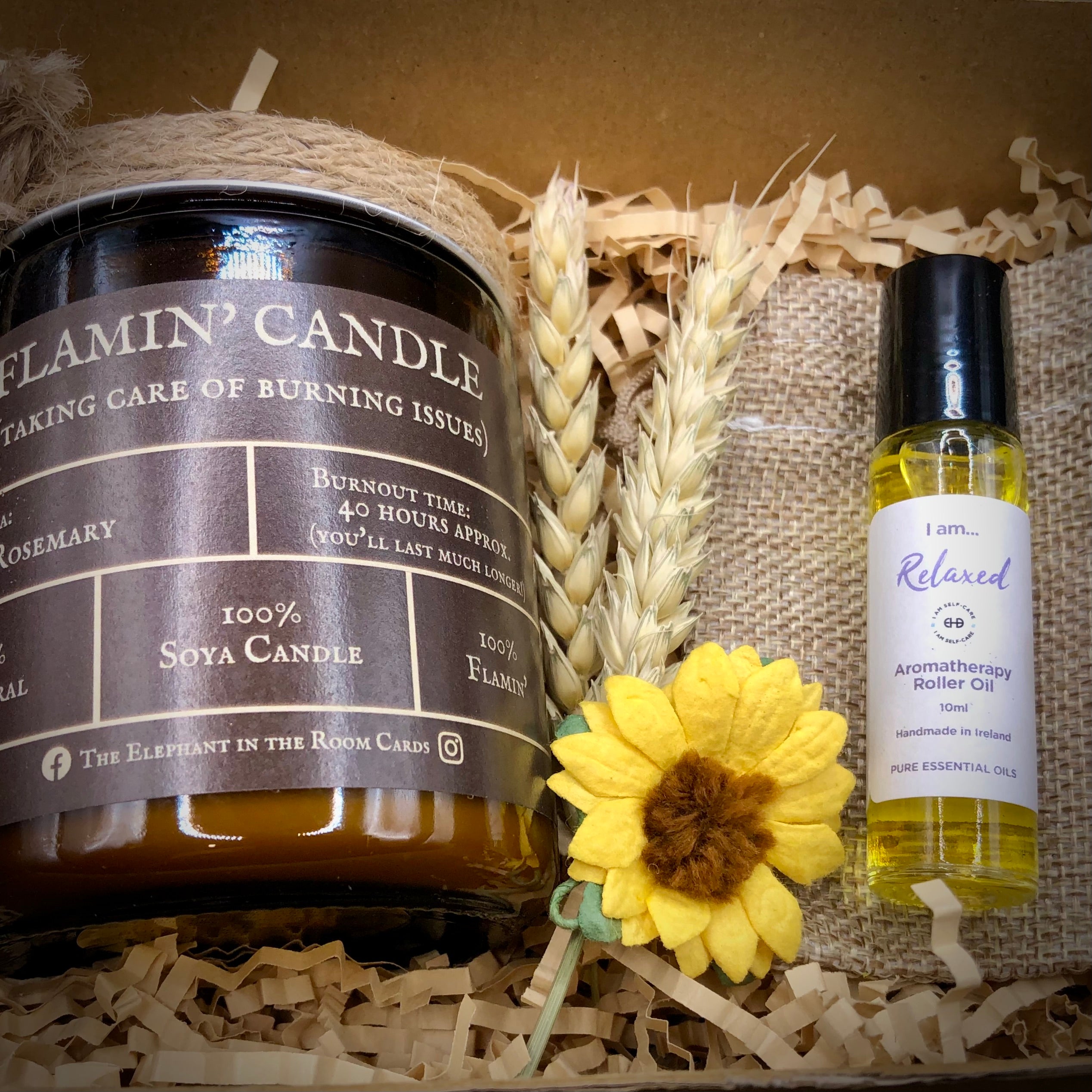 Aromatherapy calming roll on oil and candle gift box