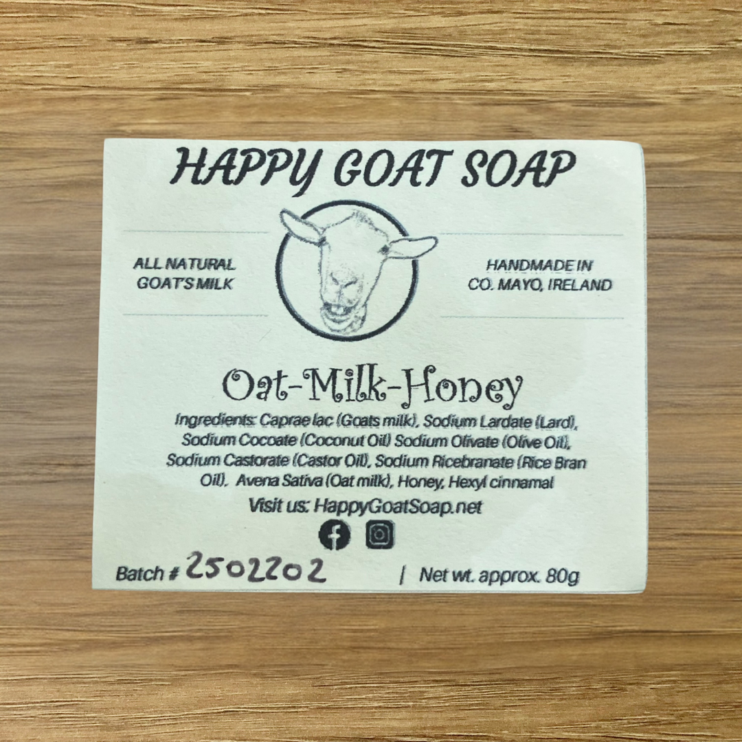 Label showing ingredients of Goats Oat Honey and Milk Soap